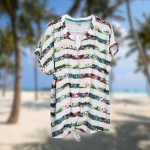 Avenue Hawaiian Island Palm Volcano Striped Tee, Tie Front, Women's 18/20